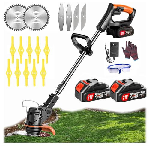 Coupe Bordure sans Fil avec Batterie, Debroussailleuse Electrique sans Fil, (2 Batteries de 4,0 A et Chargeur Rapide) Coupe Bordure, Débroussailleuse, avec 3 Types de Lames pour Jardin, Cour