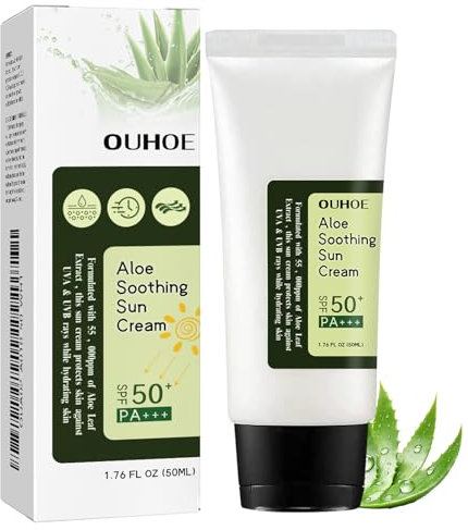 Aloe Vera Sunscreen SPF 50, Esencia Acuosa Crema Solar SPF50, Aloe Soothing Sun Cream, Protector Solar 50 SPF, No Grasa, Fuerte Protección UV, Crema Facial para Todo Tipo de Piel