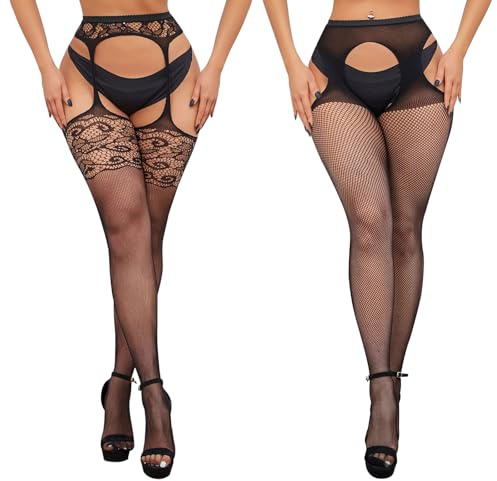 UILYNIU 2 Paires Sexy Bas Porte-Jarretelles pour Femme Collant en Résille Floral Noir, Taille Haute Filets de Pêche Bas Résille, Bas Lingerie Jarretières pour Deguisement Fête Halloween Cosplay