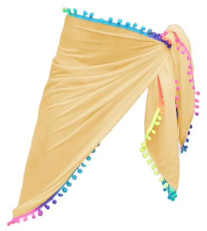 Blausky Damfransar pareo, 68 x 163 cm chiffong strandkjol strandfilt sarong med färgglada pompompom-tofsar sexig bikini täcka omlottkjol kort sommar strandklänning strandhandduk, en storlek gul