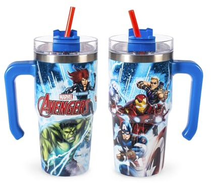 H&H Tazza Termica con Cannuccia Avengers Bluestorm – Tumbler Termico 0,6L, in Acciaio Inox | Isolamento Termico Doppia Parete | Riutilizzabile, Antigoccia, Ideale per Scuola, Ufficio, Sport e Viaggi