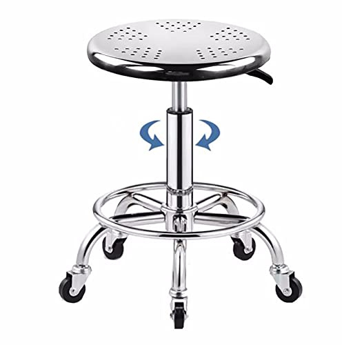 Taburete rodante redondo resistente, acero inoxidable 304, capacidad de peso de 480 libras, altura ajustable de 16.5 a 22.1 pulgadas