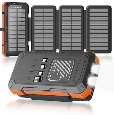 Kepswin Caricatore solare Power Bank 49800 mAh con 4 cavi integrati e 3 pannelli pieghevoli, PD22.5 W caricabatterie portatile veloce, batteria esterna con USB-C/uscita e torcia per campeggio