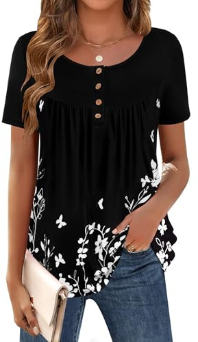 Zeagoo Camiseta de Mangas Cortas Mujer Verano Cuello Redondo Túnica Tshirt | Casual Blusas Elegantes Básica Top con Estampado de Botones S-XXL