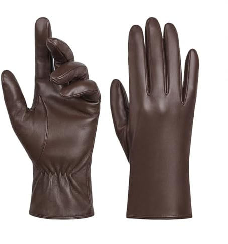 BLNC Leather Gloves Women, Warm Cashmere Lining Touchscreen Compatible for Women Outdoor Night Driving Hand Warmer (Brown)