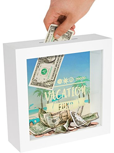 Americanflat Caja de Ahorro de Dinero con Ranura, Marco de Caja Decorativa de 6 x 6 Pulgadas, Color Blanco con Vidrio Pulido para Pared y Mesa
