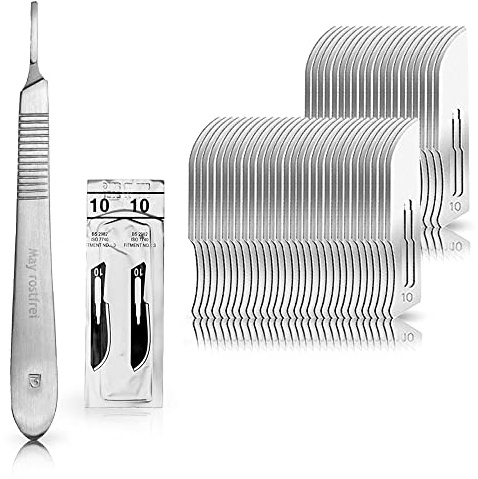 Set avec 50 x lames de scalpel N° 10 - Lame chirurgicale stérile en acier au carbone et 1 x manche de scalpel Figure N° 3 en acier inoxydable