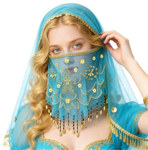 Baisdan Voile de Visage Danse du Ventre avec Paillettes et Perles, Accessoire de Déguisement pour Halloween, Cosplay et Carnaval pour Femme Bleu ciel