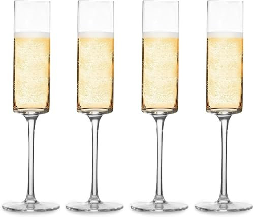Maison & White Edge Champagne Flutes - Set of 4 | Flat Bottom Wine Glasses | Prosecco Glass | Christmas Drinking Glasses | Square Champagne Flutes | M&W (Clear)