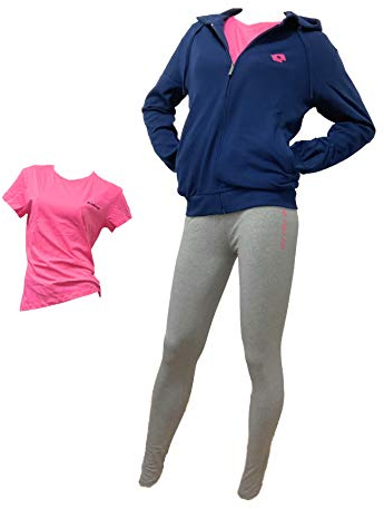 Lotto Tuta Donna Estiva 2 PEZZI + T-SHIRT OMAGGIO - Giacca Felpa Estiva, Leggings Cotone Elasticizzato, T-SHIRT Cotone in Omaggio - Tuta Sportiva Donna (FELPA BLU-LEGGINGS GRIGIO-T-SHIRT FUXIA, XL)