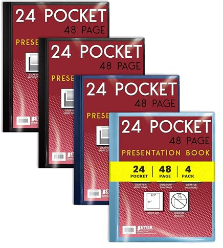 Better Office Products 24 Pocket Bound Presentation Book, 4 Pack, Assorted Colors, Clear View Front Cover, 48 Sheet Protector Pages, 8.5 x 11 Sheets, Art Portfolio, Durable Poly Covers
