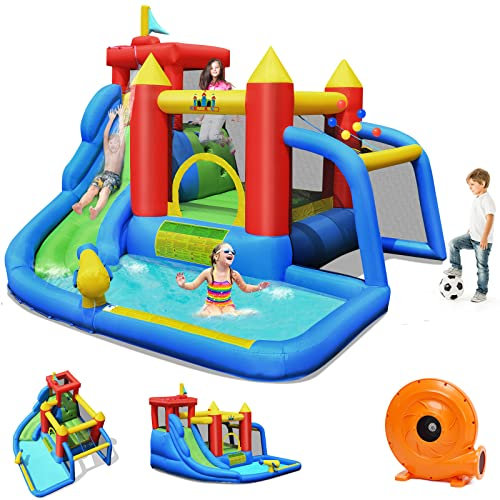 GOPLUS Château Gonflable avec Souffleur pour Enfants avec Toboggan, Espace de Saut, Structure Gonflable avec Sac de Transport,4 Piquets,1 Kit de Réparation pour Enfants 3-10 Ans,350x315x245CM