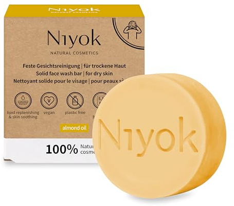 Niyok® Pulizia del viso fissa Olio di mandorle (80 g) • Sapone viso per pelle secca • Cura della pelle del viso senza seccarsi • Sapone viso vegano • Cosmetici naturali biologici • Saponi naturali