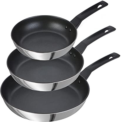Prestige 9 x Tuffare Rostfritt Stål Stekpanneset Non-Stick – Induktionsstekpanna, Set Med 3, 21/25/29 Cm Med Repbeständig Non-Stick Känsla, Håll Svala Handtag, Diskmaskinssäkra Köksredskap