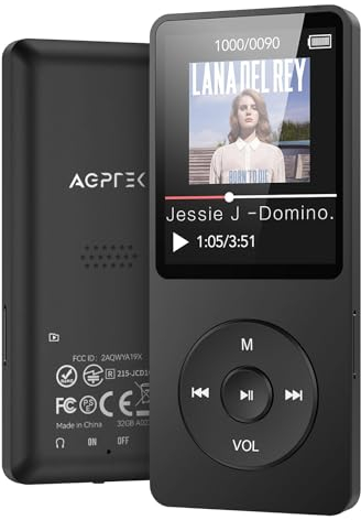 AGPTEK 32GB Reproductor MP3, Bluetooth 5.3 MP3 Player, Reproductor Deportivo Portátil, 1.8 Pantalla de 70H de Reproducción, MP3 de Niños Radio FM, Externo hasta 128GB(Sin Auriculares), Negro