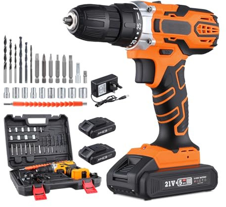 Cordless Drill Driver 21V, 550W Cordless with 2 Battery 2.0Ah, 25+1 Torque, 35N.m Max Battery Electric Drill with LED Light, 2 Speed, 6X Drill Bit, 6xScrewdriver Bit,Socket Wrench for Home Garden