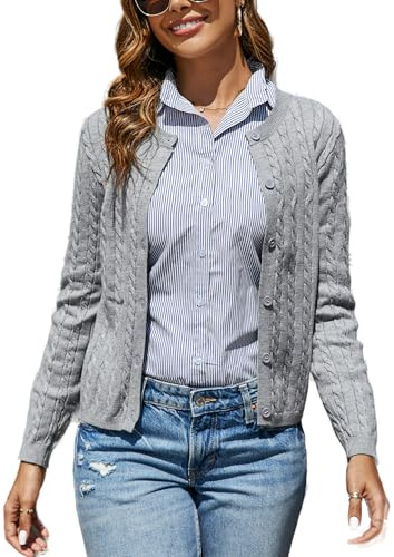 Dosieyeo - Cardigan da donna elegante a maniche lunghe con motivo a spina di pesce, morbido, girocollo, gilet a maglia con bottoni per l'autunno, grigio., S