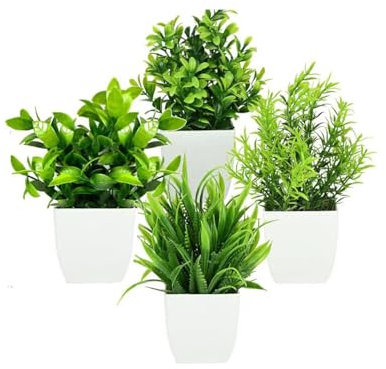 KZQXXT 4 Stück Kunstpflanze mit Topf, Klein Künstlich Plastik Pflanze Deko, Deko Pflanzen Kunststoff Gefälschte Pflanzen, kunstpflanze für Schreibtisch, Wohnzimmer, Büro und Badezimmer Deko