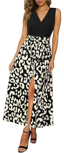 Newshows Women Summer Dresses Casual Sleeveless V Neck Boho Vacation Beach Split Flowy Dress Black Apricot Leopard,L