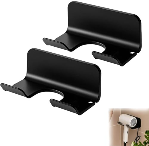 QILEMI Support Seche Cheveux Porte Sèche Cheveux 2 Pièce Porte Seche Cheveux Mural Pour Hôtel De Chambre à Coucher De Salle De Bain(Noir)