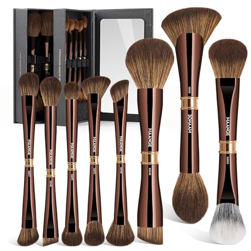 MAANGE Luxury 8-Piece Makeup Brush Set - Dual-Ended Makeup Brushes with 16-in-1 Functions & Mirror Case Professional Foundation, Eyeshadow, and Blush Brushes for Full Face Makeup