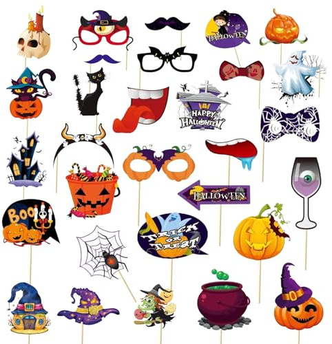 30PCS Halloween Photo Booth Props Selfie Photo Booth Party Prop Kit for Games Accessories Supplies