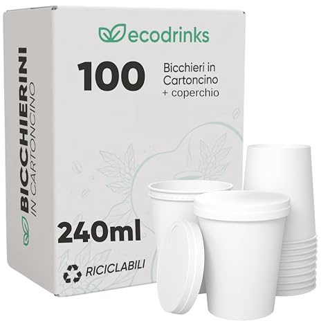 ecodrinks 100 Bicchieri di Carta con Coperchio in Cartone da 240ml - Per Caffè Lungo, Espresso, Ginseng, Acqua o Cocktail - Adatti all'Uso Domestico, e Attività, Bianchi