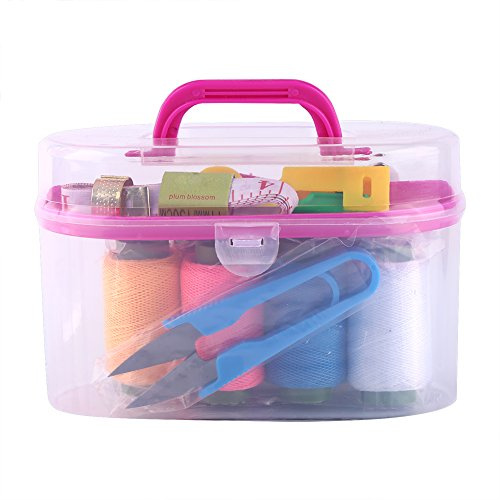 OEBUAFI Kit de Caja de Costura Grande, Caja de Almacenamiento de Suministros de Sastrería Transparente para Hilo de Coser, Agujas, Cinta Métrica, Dedal y (Poliéster + acero inoxidable + plástico)