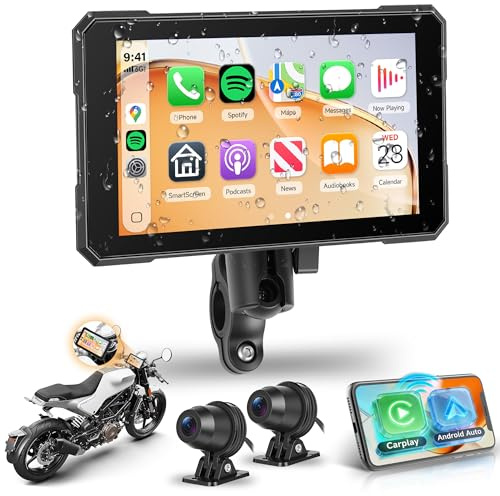Rimoody Portable Carplay Écran Moto avec 2 Caméras Avant et Arrière, 5 Pouces Ecran sans Fil Carplay pour Motocycle Android Auto, Étanche IP68/Bluetooth/Navi/APP/Surveillance de la Pression des Pneus