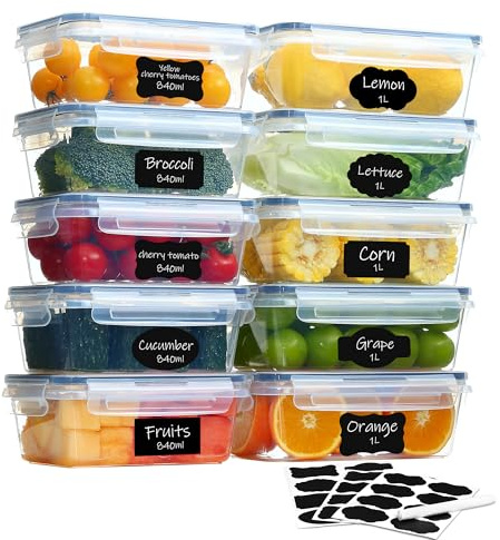 Goldeluxe Lot de 10 boîtes de conservation avec couvercle (5x1L + 5x840ml), boîtes de congélation et boîtes de préparation de repas, sans BPA, hermétiques, empilable – Boîte de cuisine et d’aliments
