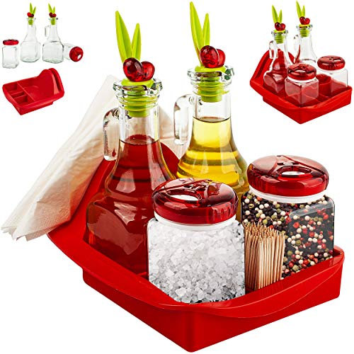 alles-meine.de GmbH Tischset mit Tablett/Menage Set - Glas Flaschen für - Öl & Essig + Salz- & Pfefferstreuer - rot - Ölflasche/Essigflasche - Servierset - für Essen - Sauce ..