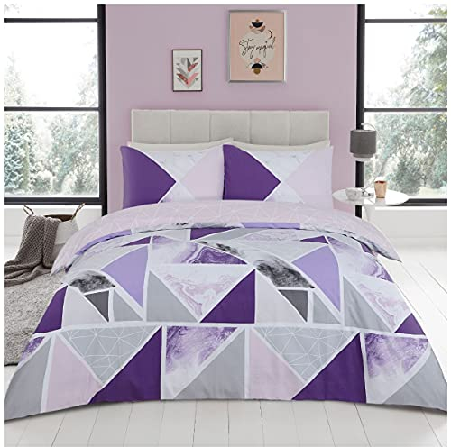 GC GAVENO CAVAILIA Metalic Marble Duvet Cover Sets, Reversible Triangle Bedding Double Bed Set, Washable Quilt Covers, Purple/Grey, 686729