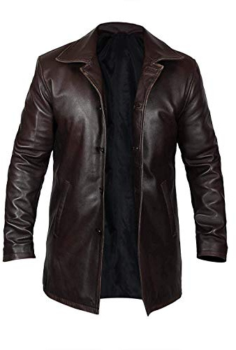 Gabardina Fashion_First para hombre de 3/4 de longitud media de cuero genuino - Chaqueta de coche larga estilo vintage para hombre, Blazer de cuero para cosplay, Marrón envejecido., M