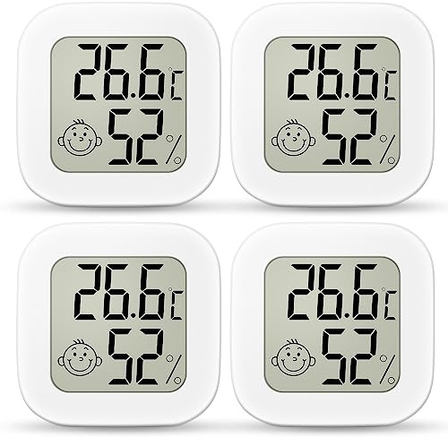 Ainiv Igrometro Termometro Digitale, 4 Pezzi Mini Igrometro Termometro con Emoji per Interni, Termometro Ambiente LCD, Monitor di Temperatura e umidità per Casa, Serra, Stanza, Ufficio, Bianca