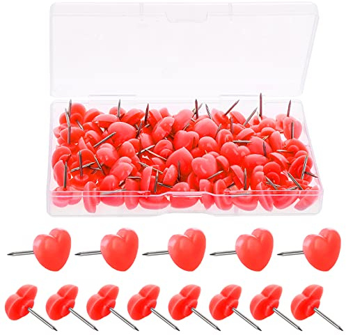TIESOME 100 st tryckstift, 1,2 cm hjärtformade standard tumstift plast tryckstift med rostfritt stål spets dekorativa tumspetsar för korkbräda anslagstavla väggdekor (röd)