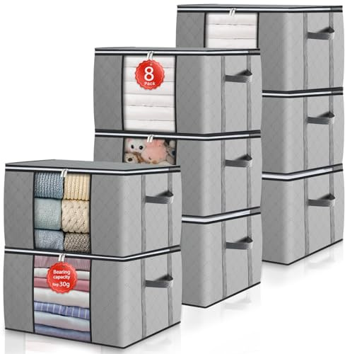 GoMaihe Grande Capacità Scatole per Armadio 90L - Contenitori Organizer Salvaspazio con Manico Rinforzato per Vestiti, Sottoletto, Trasloco - Grigio