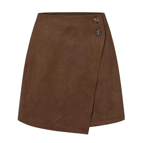 MAOAEAD Minigonna irregolare in camoscio da donna a vita alta, gonna a trapezio con bottoni, gonna-pantalone in finto camoscio, gonne autunno inverno per donna 2024 con cerniera (Marrone, L)
