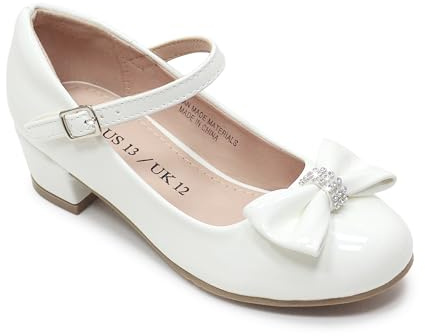 LseLom Girls White Dress Shoes Mary Jane Shoes for Girls Low Heel Hook and Loop Bowknot Flats for School Wedding Party White US 3