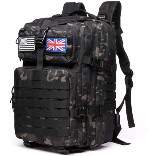 Thuram Sac à dos 50 L en nylon durable imperméable pour la pêche, la chasse, l'extérieur, l'armée, les sports tactiques, le camping, la randonnée, Camouflage noir, 50L