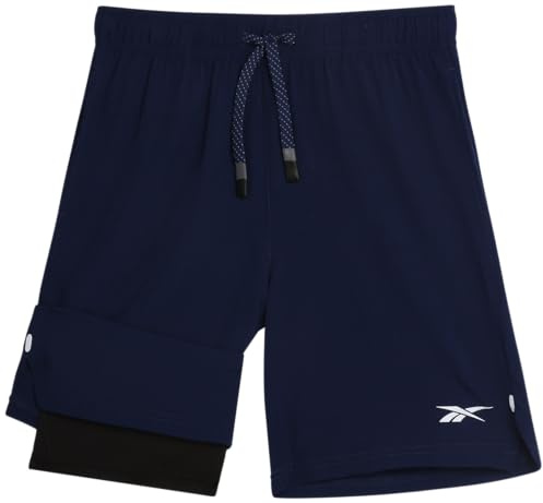 Reebok Boys Shorts - 2 in 1 Basketball Shorts with Compression Liner and Pockets - Gym and Running Boys Athletic Shorts, Size 14-16, Dark Blue