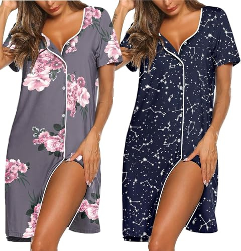 Ekouaer 2 Pezzi Camicia Notte Donna Cotone Corta Cardigan con Scollo V e Bottoni Donna Adatto Leggero e Confortevole per Il Parto Ospedaliero Quotidiano per L'Allattamento al Seno