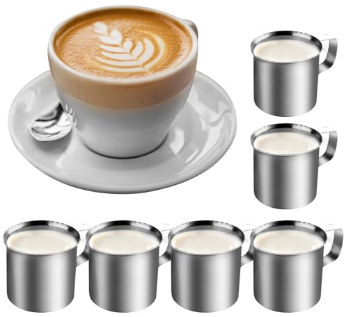 PRITOK Lot de 6 pichets à lait en acier inoxydable : 30 ml, petits pichets à lait, pichet à lait, pot à expresso, pot à mousse pour lait, sushi, soja café
