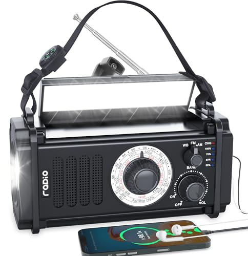 48100mWh/13000mAh Kurbelradio| AM FM Notradio, Tragbare Notfall Baustellenradio,Batteriebetriebenes Radio, Aufladbar Camping Licht/Leselampe,USB-Anschluss| DynamoPowerbank,Kompass,IPX4 Wasserdicht,SOS