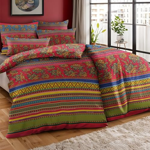 Dreamzie Bohemian Bettwäsche 135x200 cm 4 Teilig Rot Blau Boho Indischen Mandala Böhmisch Wendebettwäsche Set Bunt Vintage Bettbezüge mit Reißverschluss und Kissenbezug 80x80cm