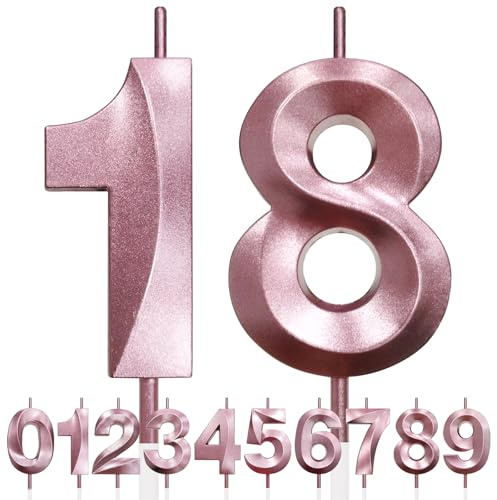 18th Vela de Cumpleaños con Purpurina oro rosa y Diseño 3D - Número 18, Velas con Números, Decoración de Tarta, Vela de Tarta para Fiesta de Cumpleaños, Aniversario de Boda, Decoración de Fiesta