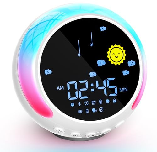 NEUTYPECHIC Sveglia per Bambini Bluetooth, Posticipa Sveglia Digitale Bambini 11 Colori Luci Notturne con Rumore Bianco, Sveglia Bambini da Comodino con Temporizzatore con Altoparlanti, Chiamate