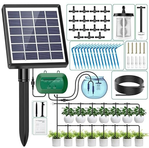 Solar Bewässerungssystem Automatische Bewässerungssystem Garten, Selbstbewässerungssystem 12 Timing Modi und 15M Tropfschlauch Solar Bewässerung für Indoor, Balkon, Garten, Topfpflanzen im Freien