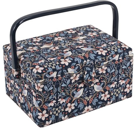 Hobby Gift Exclusiva caja de almacenamiento de tamaño mediano para manualidades y costura, bandeja para accesorios, bolsa para alfiletero, asa de PVC, 18,5 x 25,5 x 14,5 cm, pájaros en flores