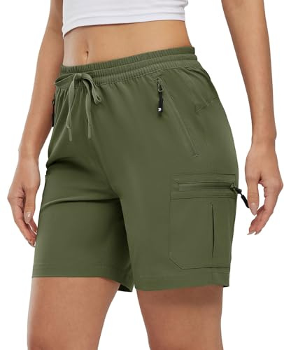 YSENTO Damen Wanderhose Kurz Sommer Leichte Cargohose Sporthose Arbeitshose Schnelltrocknend Atmungsaktiv Outdoor Shorts(Armee Grün,XS)