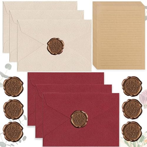 32 pezzi di carta da lettere vintage, set con 6 buste in lino e sigillo di cera 20 A5, carta da lettere vintage, buste in carta kraft, per compleanno, inviti di nozze
